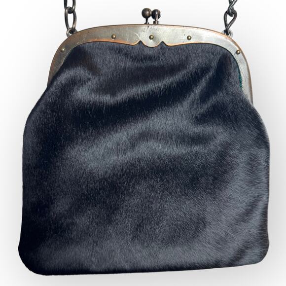 Vintage Black Hair Shoulder Bag w/ Kiss Lock Chain Strap - Picture 9 of 12